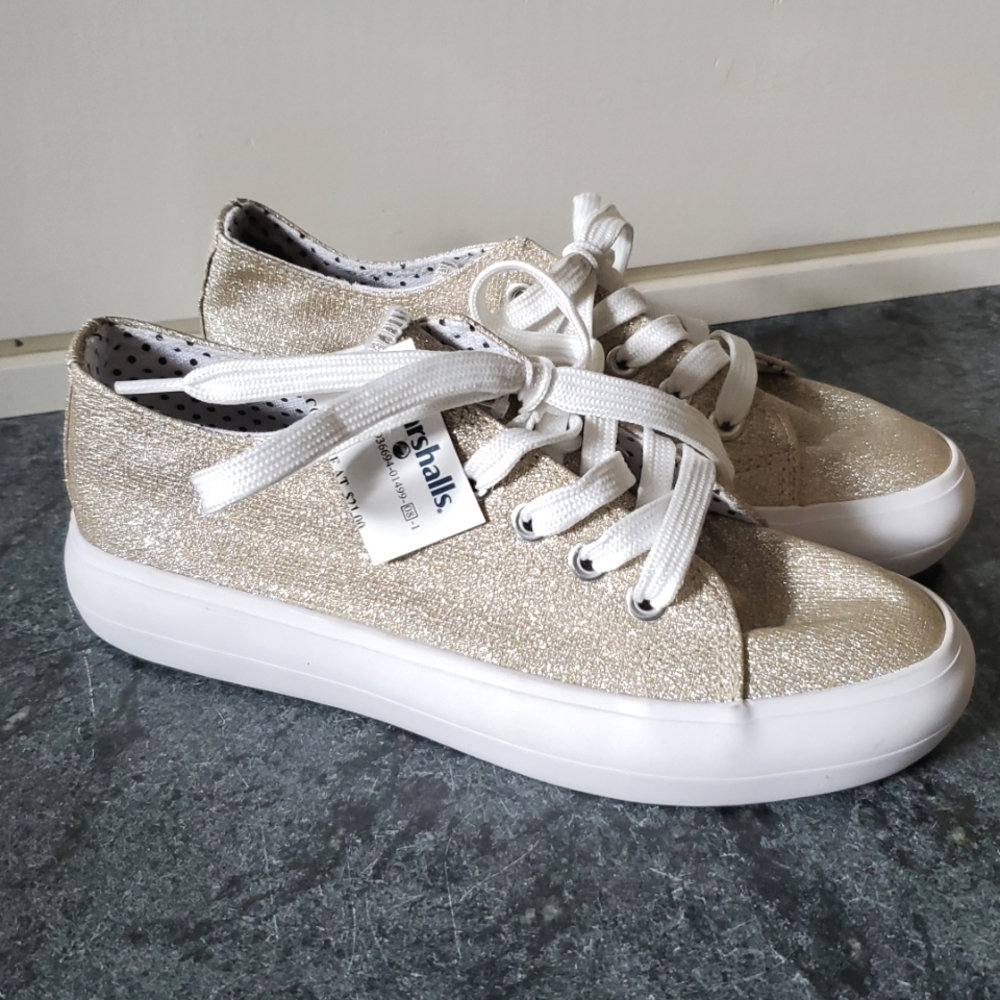 NWT Gold Sparkly Glitter Sneakers Keds-style Tennis Shoes Flats, New, Girls 2